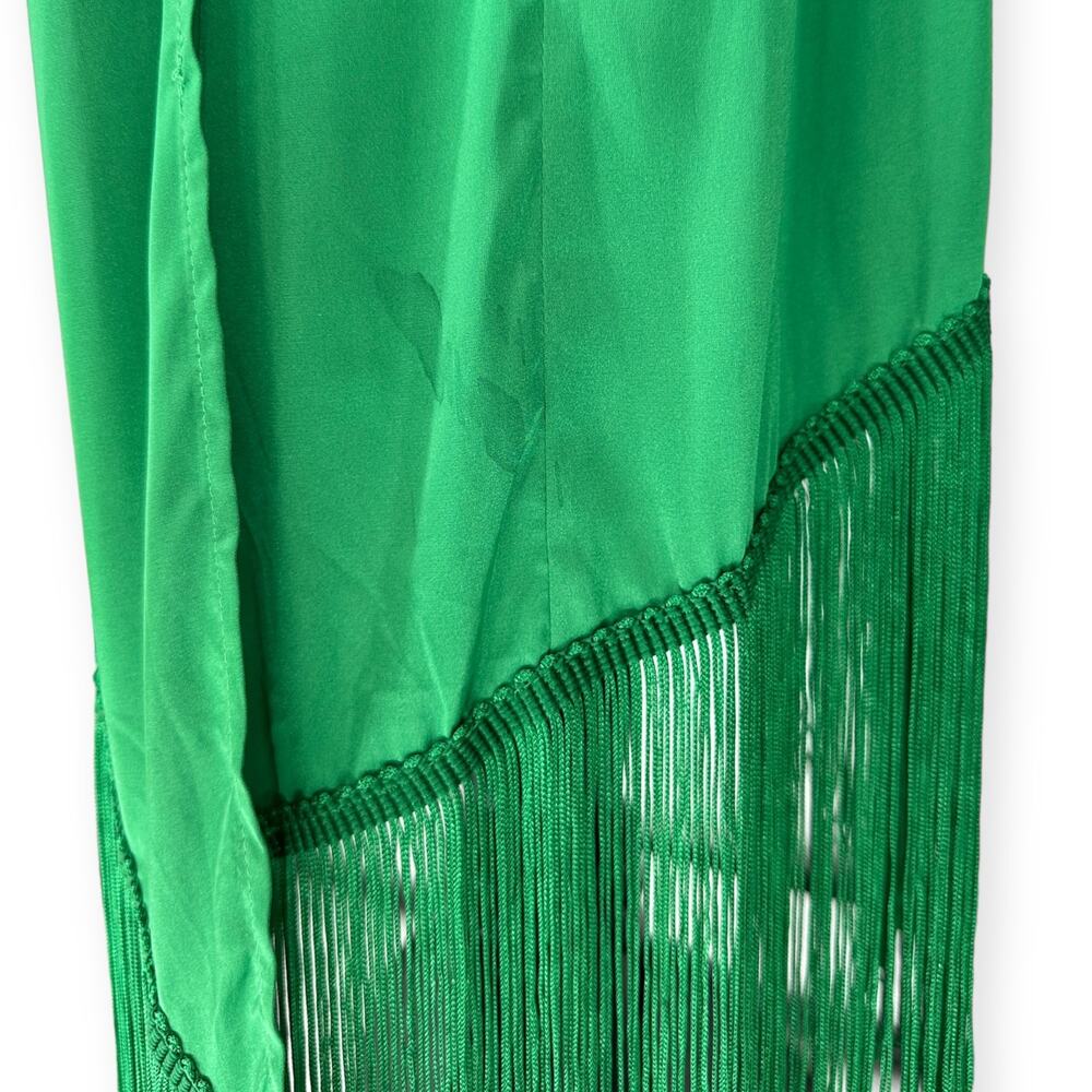 Showpo | Size 12 | Rholie Emerald Midi Plunge Neck Fringe Hem Fixed Wrap Dress - Picture 11 of 11